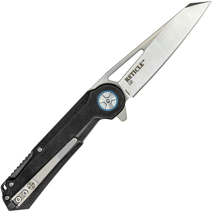 Elite Tactical Linerlock Black G10 Blue Anodized Hardware Satin D2 - Knives.mx