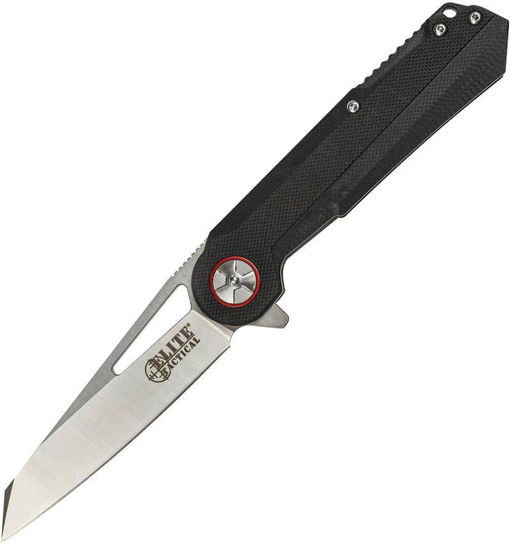 Elite Tactical Linerlock Black G10 Red Anodized Hardware Satin D2 - Knives.mx