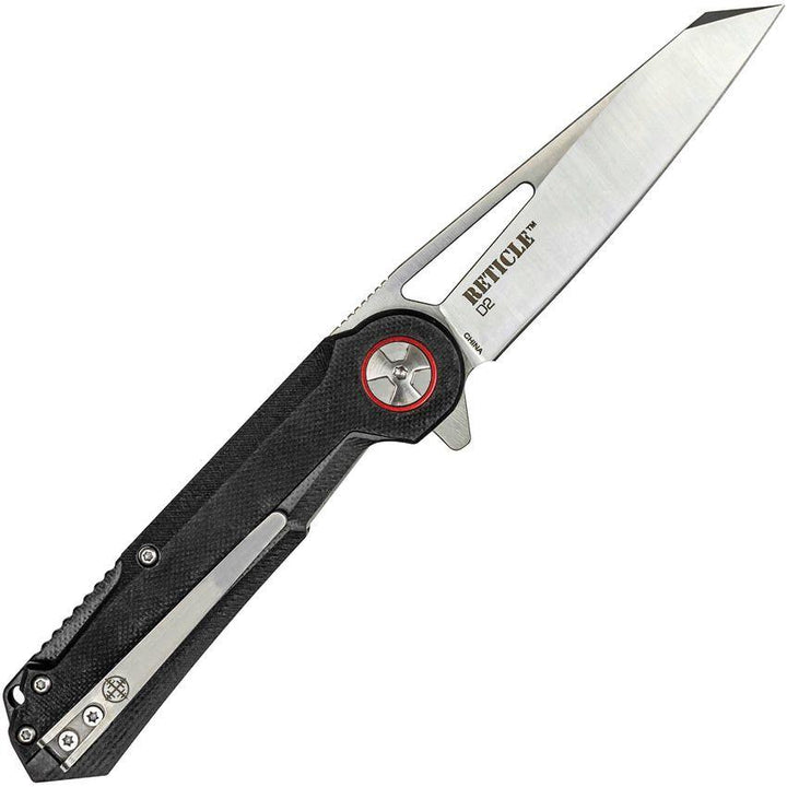 Elite Tactical Linerlock Black G10 Red Anodized Hardware Satin D2 - Knives.mx