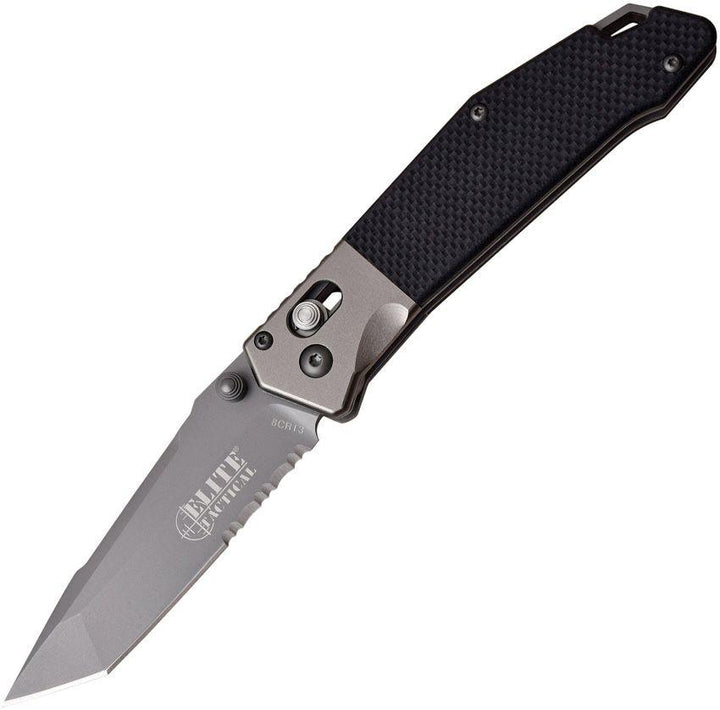 Elite Tactical Rapid Lock Folder Black G10 Aluminum Bolsters Gray Tanto Serrated 8Cr13MoV - Knives.mx