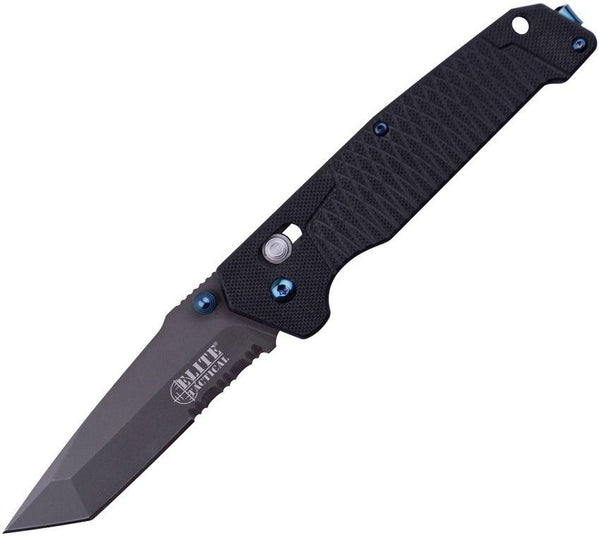 Elite Tactical Rapid Lock Folder Black G10 Gray Tanto Serrated 8Cr13MoV - Knives.mx