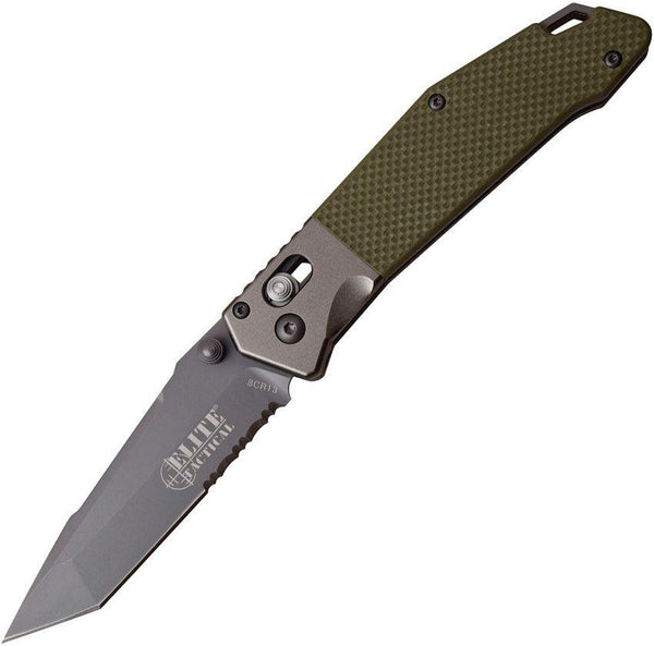 Elite Tactical Rapid Lock Folder Green G10 Aluminum Bolsters Gray Tanto Serrated 8Cr13MoV - Knives.mx