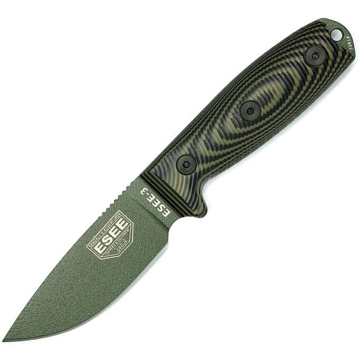 ESEE Model 3 3D Black & OD Green G10 OD Powder Coated 1095HC - Knives.mx