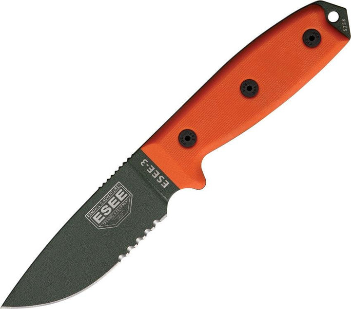 ESEE Model 3 Orange G10 OD Green Powder Coated Serrated 1095HC - Knives.mx