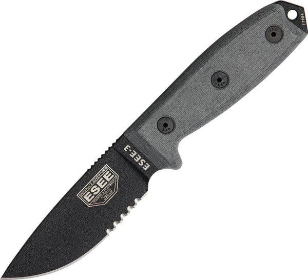 ESEE Model 3 Standard Edge Black Linen Micarta Powder Coated Serrated 1095HC - Knives.mx