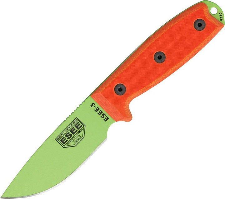 ESEE Model 3 Standard Edge Orange G10 Venom Green Powder Coated 1095HC - Knives.mx