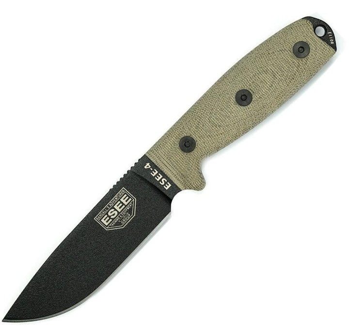 ESEE Model 4 3D Green Canvas Micarta Black Powder Coated 1095HC - Knives.mx