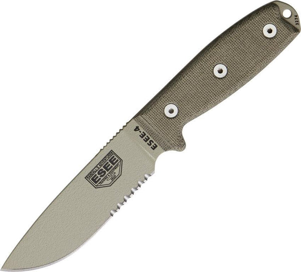 ESEE Model 4 OD Green Micarta Desert Tan Powder Coated Serrated 1095HC - Knives.mx