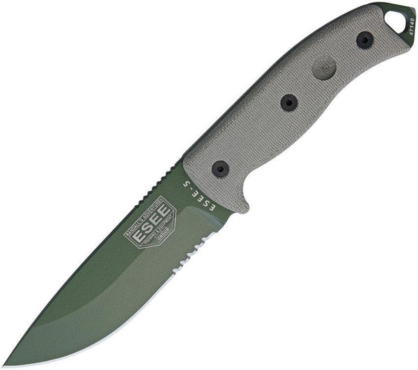 Esee Model 5 OD Green Micarta Green Powder Coated Serrated 1095HC - Knives.mx