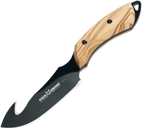 Fox European Hunter Olive Wood Black Coated Guthook Bohler N690 - Knives.mx