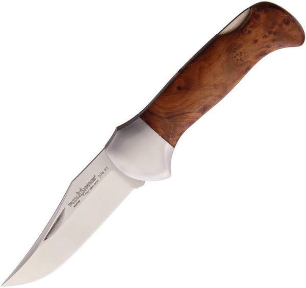 Fox Forest Radica Lockback Burl Wood Satin Clip Point Bohler N690 - Knives.mx