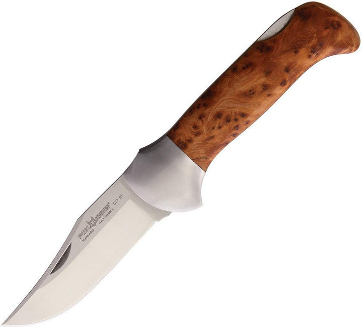 Fox Forest Radica Lockback Burl Wood Satin Clip Point Bohler N690 - Knives.mx