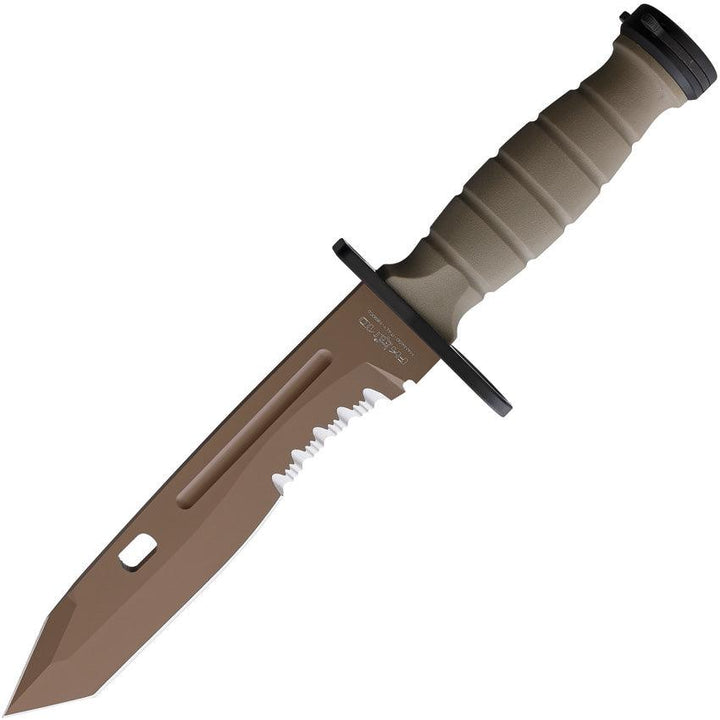 Fox Oplita Combat Knife Coyote Tan Kraton Coated Partially Serrated Tanto Bohler N690 - Knives.mx