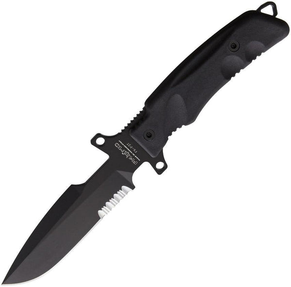 Fox Predator I Fighting Knife Black Forprene PTFE Coated Partially Serrated Drop Point Bohler N690 - Knives.mx