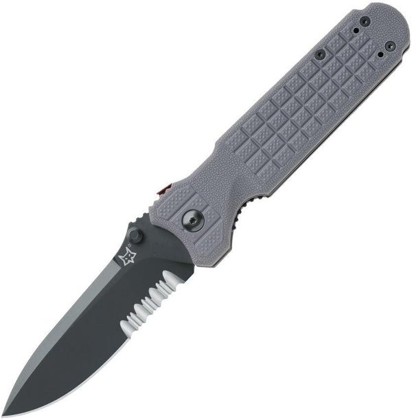 Fox Predator II Linerlock Gray Textured G10 Black PTFE Coated Serrated Bohler N690 - Knives.mx