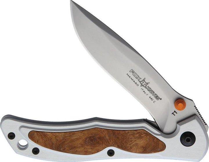 Fox T1R Linerlock Gray Aluminum w Brown Wood Inlay Bead Blast 440C - Knives.mx