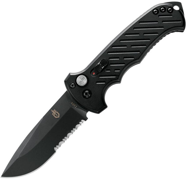 Gerber Auto 06 Button Lock Black Aluminum Oxide Coated Serrated Drop CPM S30V - Knives.mx