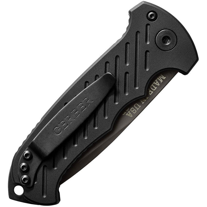 Gerber Auto 06 Button Lock Black Aluminum Oxide Coated Serrated Drop CPM S30V - Knives.mx