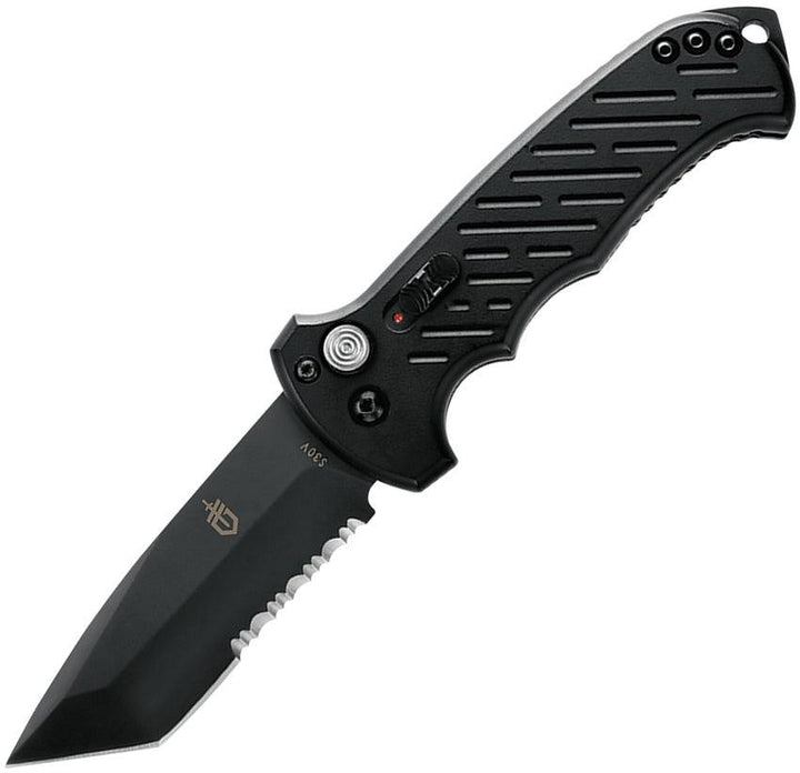 Gerber Auto 06 Button Lock Black Aluminum Oxide Coated Serrated Tanto CPM S30V - Knives.mx