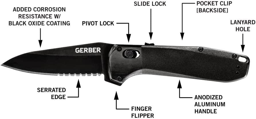 Gerber Highbrow Pivot Lock A/O Black Onyx Aluminum Coated Serrated 7Cr17MoV - Knives.mx