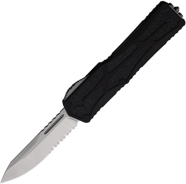 Heretic Knives Auto Colossus OTF Black Aluminum Stonewash Serrated MagnaCut - Knives.mx