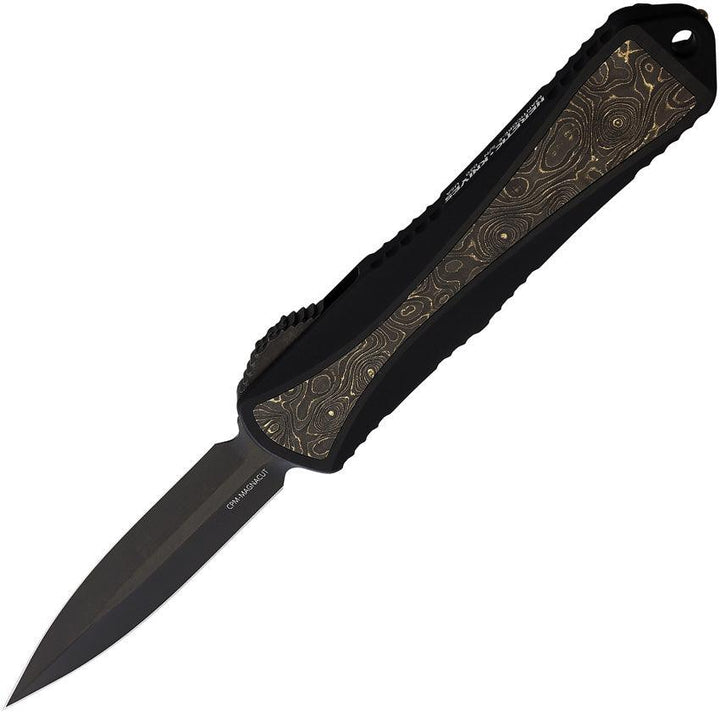 Heretic Knives Auto Manticore OTF BlackAnodized Aluminum w Gold TiNi CF Black CPM MagnaCut - Knives.mx