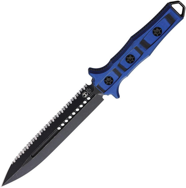 Heretic Knives Nephilim Fixed Blade Black & Blue G10 Partially Serrated Battleworn Double Edge Elmax - Knives.mx
