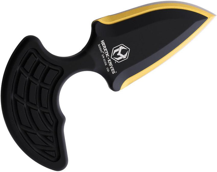 Heretic Knives Sleight Push Dagger Double Edge Black Aluminum Gold TiNi Coated CPM-20CV - Knives.mx