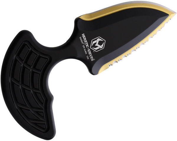 Heretic Knives Sleight Push Dagger Double Edge Black Aluminum Gold TiNi Coated Serrated CPM-20CV - Knives.mx