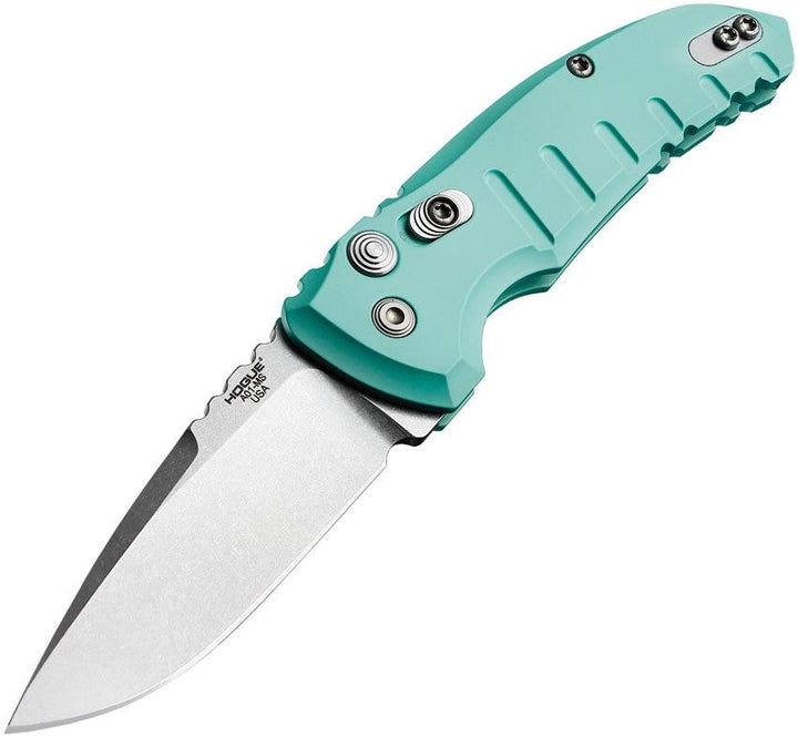 Hogue Auto A01 Microswitch Button Aquamarine Aluminum Tumbled CPM 154CM - Knives.mx