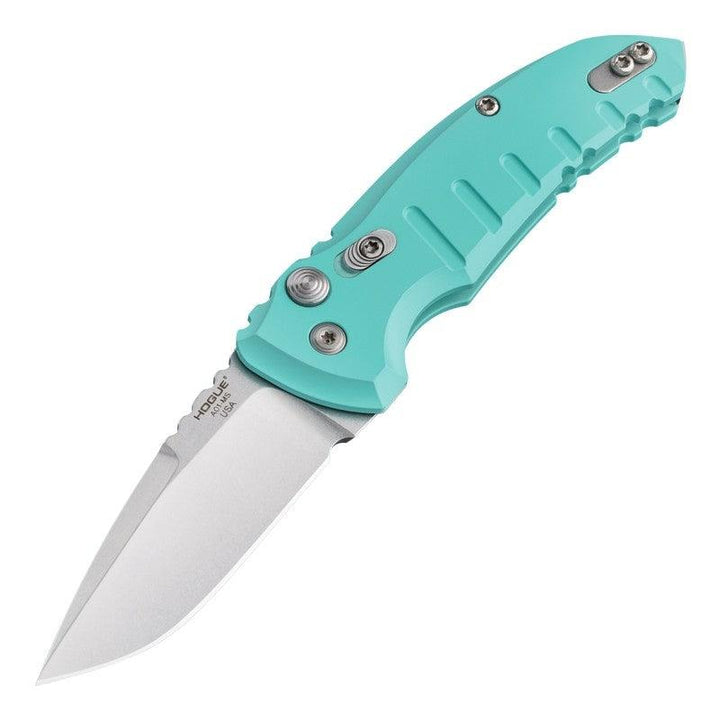 Hogue Auto A01 Microswitch Button Aquamarine Aluminum Tumbled CPM 154CM - Knives.mx