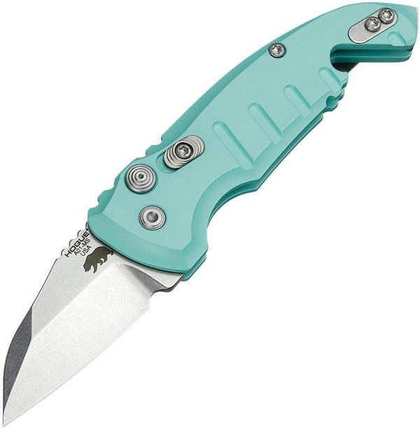 Hogue Auto A01 Microswitch Button Aquamarine Aluminum Tumbled Wharncliffe CPM 154CM - Knives.mx