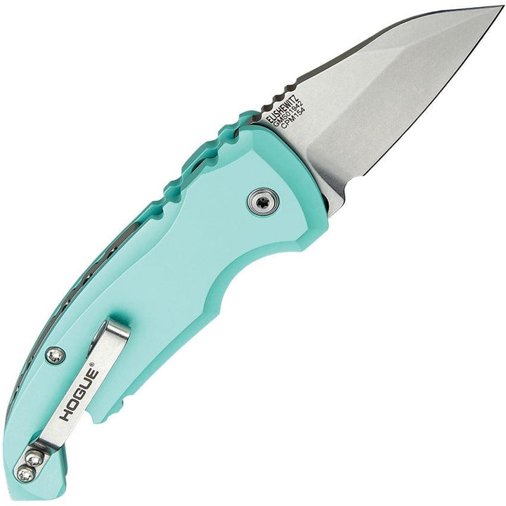 Hogue Auto A01 Microswitch Button Aquamarine Aluminum Tumbled Wharncliffe CPM 154CM - Knives.mx