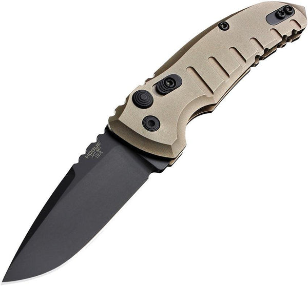 Hogue Auto A01 Microswitch Button Flat Dark Earth Anodized Aluminum Drop Point Cerakote CPM-154 - Knives.mx