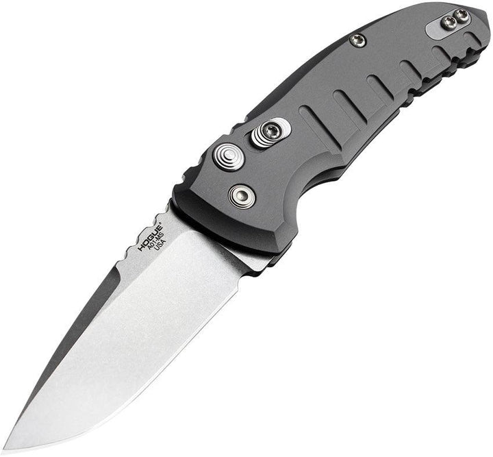 Hogue Auto A01 Microswitch Button Gray Aluminum Tumbled CPM 154CM - Knives.mx