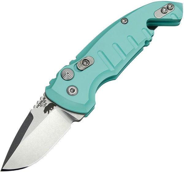 Hogue Auto A01 Microswitch Button Matte Aquamarine Aluminum Drop Point Tumbled CPM 154 - Knives.mx