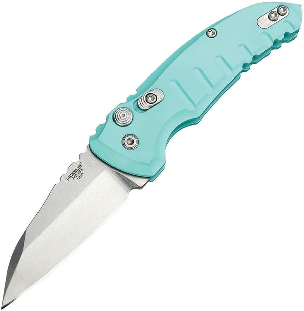 Hogue Auto A01 Microswitch Button Matte Aquamarine Aluminum Wharncliffe Tumbled CPM 154 - Knives.mx