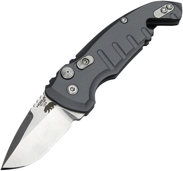 Hogue Auto A01 Microswitch Button Matte Grey Aluminum Drop Point Tumbled CPM 154 - Knives.mx