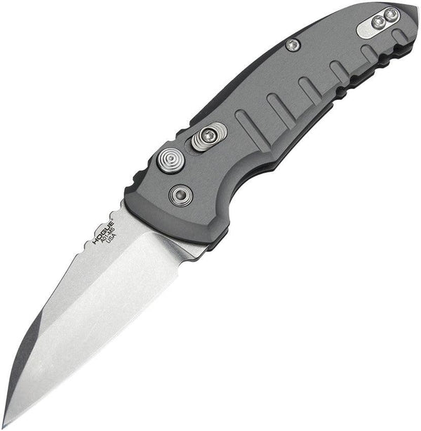 Hogue Auto A01 Microswitch Button Matte Grey Aluminum Wharncliffe Tumbled CPM 154 - Knives.mx