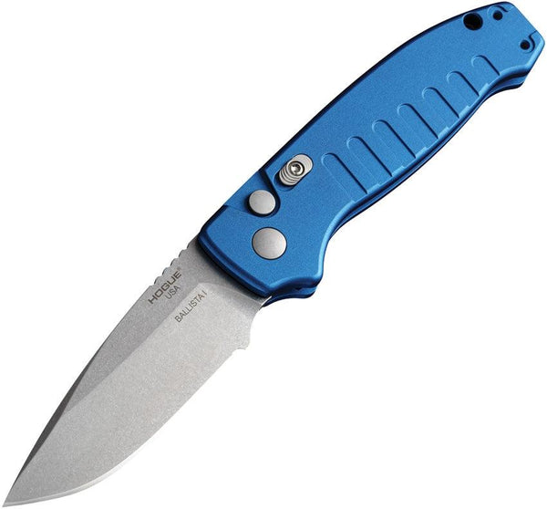 Hogue Auto Ballista Button Lock Matte Blue Aluminum Tumbled Drop Point CPM 154CM - Knives.mx
