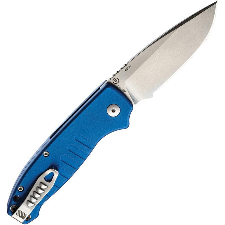Hogue Auto Ballista Button Lock Matte Blue Aluminum Tumbled Drop Point CPM 154CM - Knives.mx