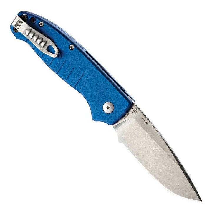 Hogue Auto Ballista Button Lock Matte Blue Aluminum Tumbled Drop Point CPM 154CM - Knives.mx
