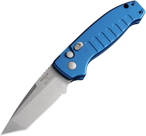 Hogue Auto Ballista Button Lock Matte Blue Aluminum Tumbled Tanto CPM 154CM - Knives.mx