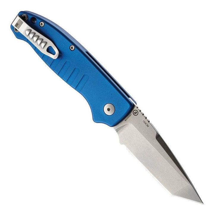 Hogue Auto Ballista Button Lock Matte Blue Aluminum Tumbled Tanto CPM 154CM - Knives.mx