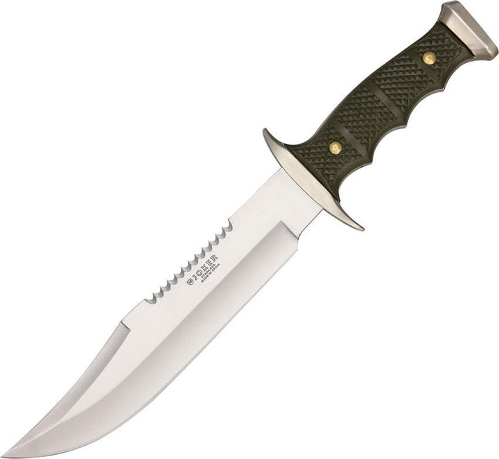 Joker Large Bowie Green Checkered ABS Handle Satin Sawback Stainless Clip Point - Knives.mx