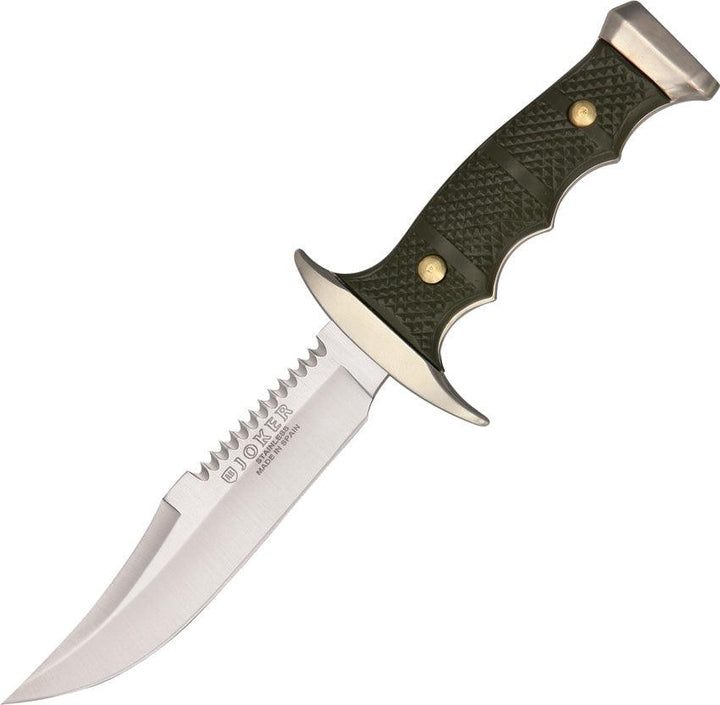 Joker Small Bowie Green Checkered ABS Handle Satin Sawback Stainless Clip Point - Knives.mx