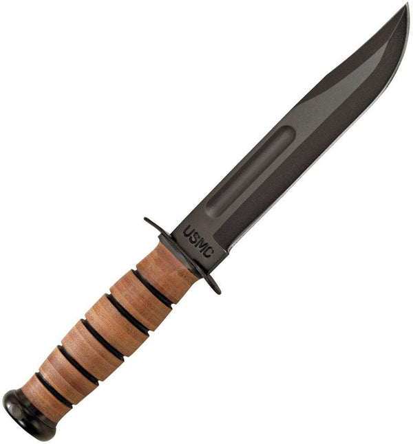 Ka Bar USMC Fighter Knife Plain Edge Black Epoxy Coated 1095 Brown Leather Sheath - Knives.mx