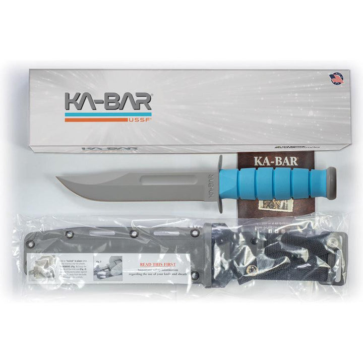 Ka-Bar USSF Space-Bar Knife Blue Kraton Gray Powder Coated Clip Point 1095 - Knives.mx