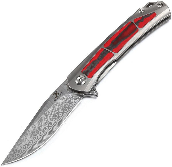 Kansept Knives Gremlin Framelock Titanium / Red and Black Marbled CF Damasteel - Knives.mx
