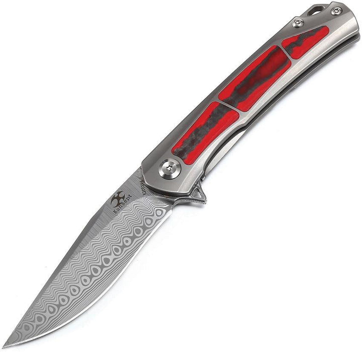 Kansept Knives Gremlin Framelock Titanium / Red and Black Marbled CF Damasteel - Knives.mx
